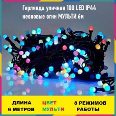 Гирлянда уличная 100 LED IP44 неоновые огни МУЛЬТИ 6м